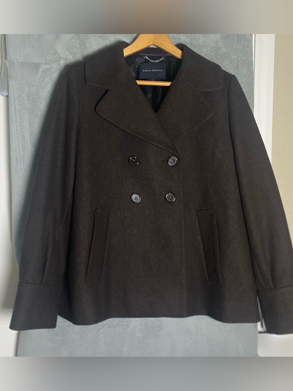 Banana Republic Pea Coat Double Breasted Womens L Black Wool Blend Pockets